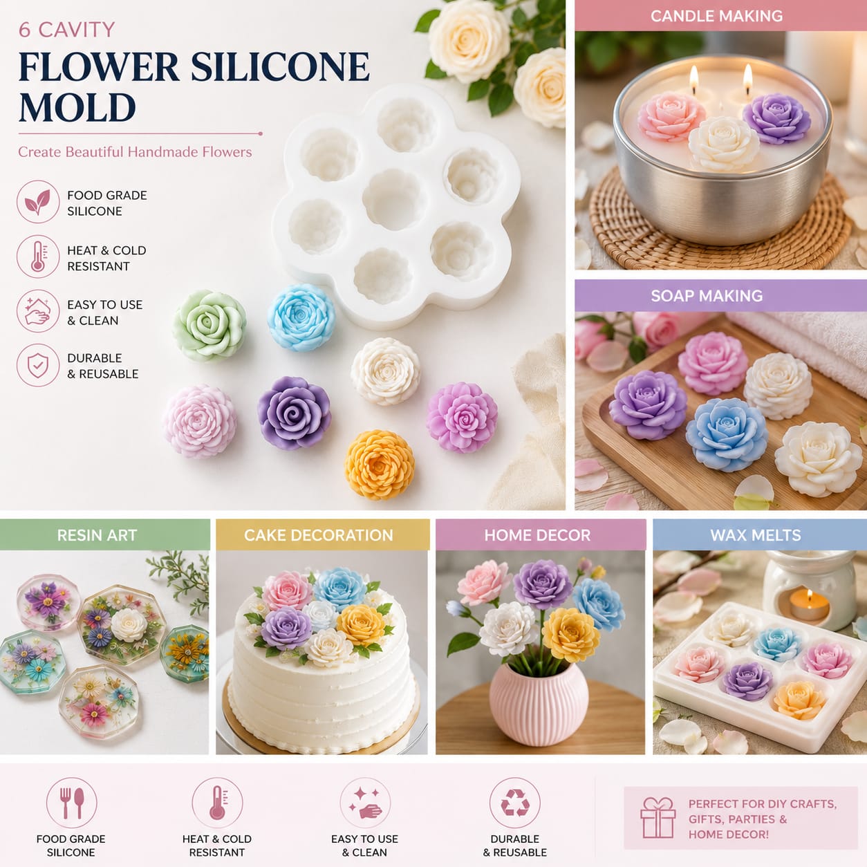 7Cavity Rose Flower Silicone Mold for Candle Making - Image 5