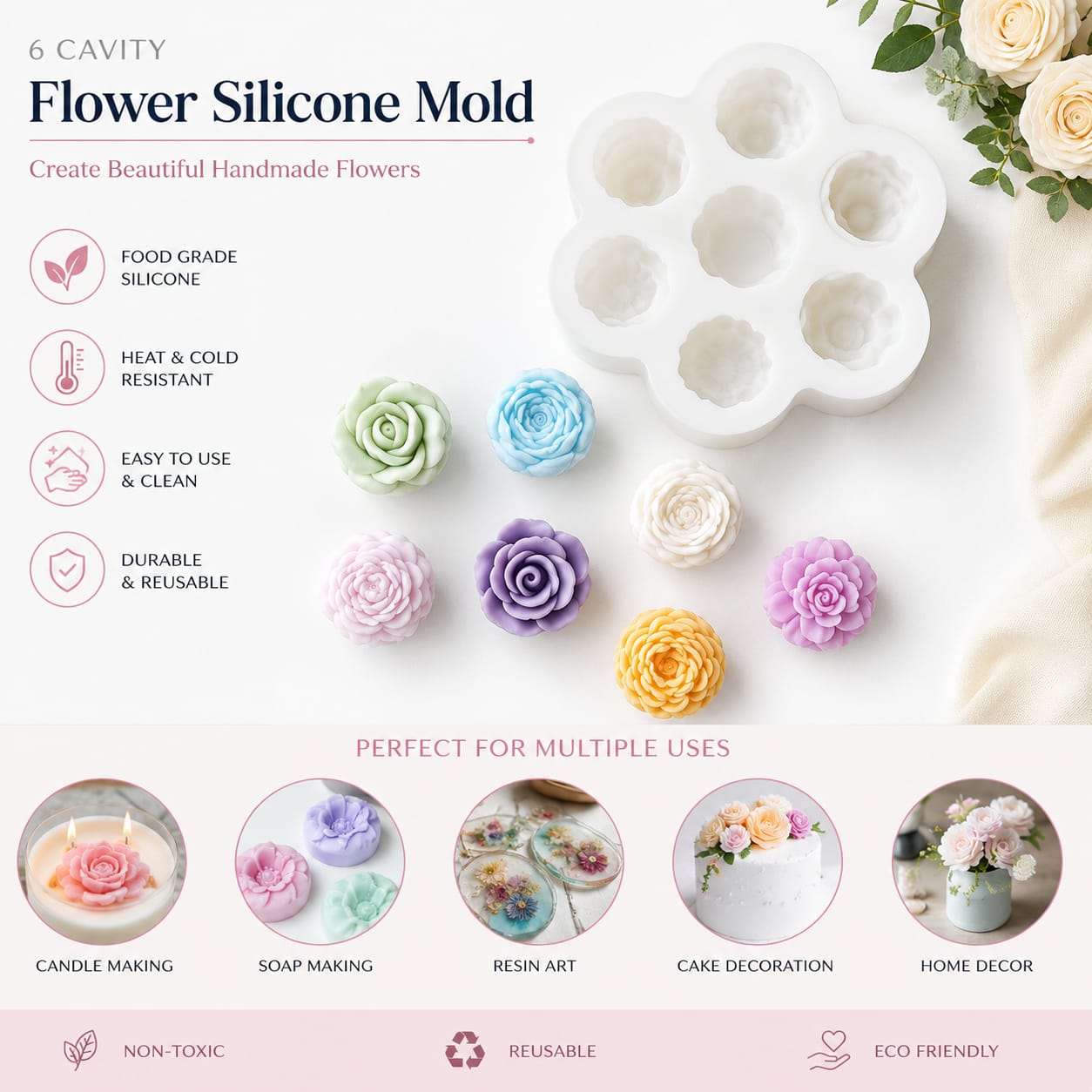7Cavity Rose Flower Silicone Mold for Candle Making - Image 4