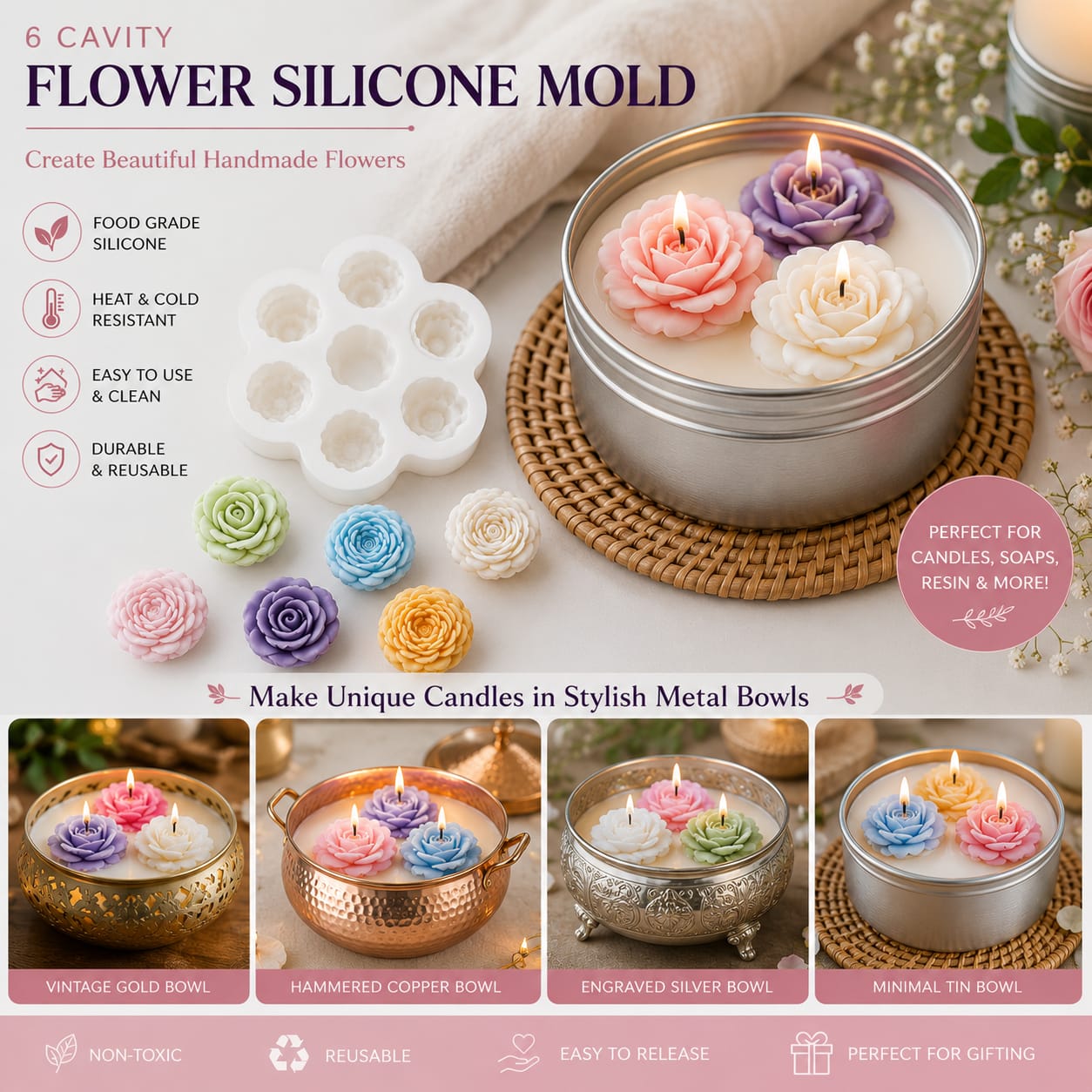 7Cavity Rose Flower Silicone Mold for Candle Making - Image 6