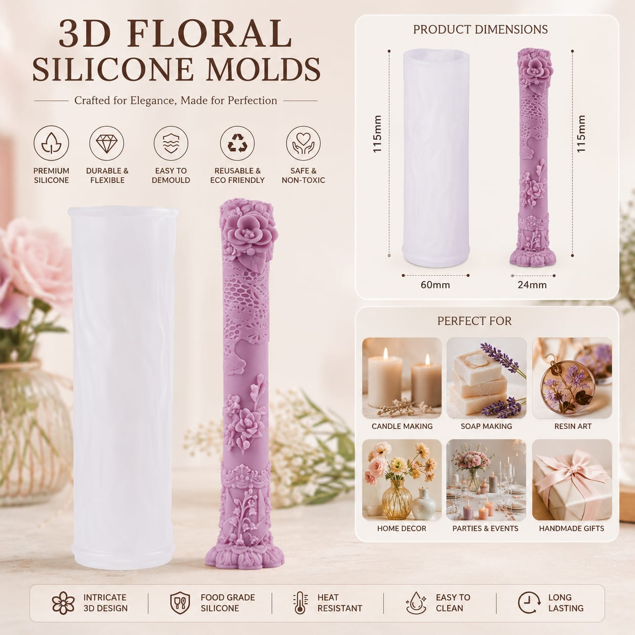 3D Floral Silicone Candle pillar/Taper Mold for Candle Making