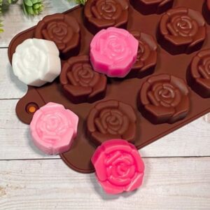 Silicone Rose Flower Chocolate Mold, 15-Cavity Brown Baking Tray for Candy, Jelly, Ice Cube
