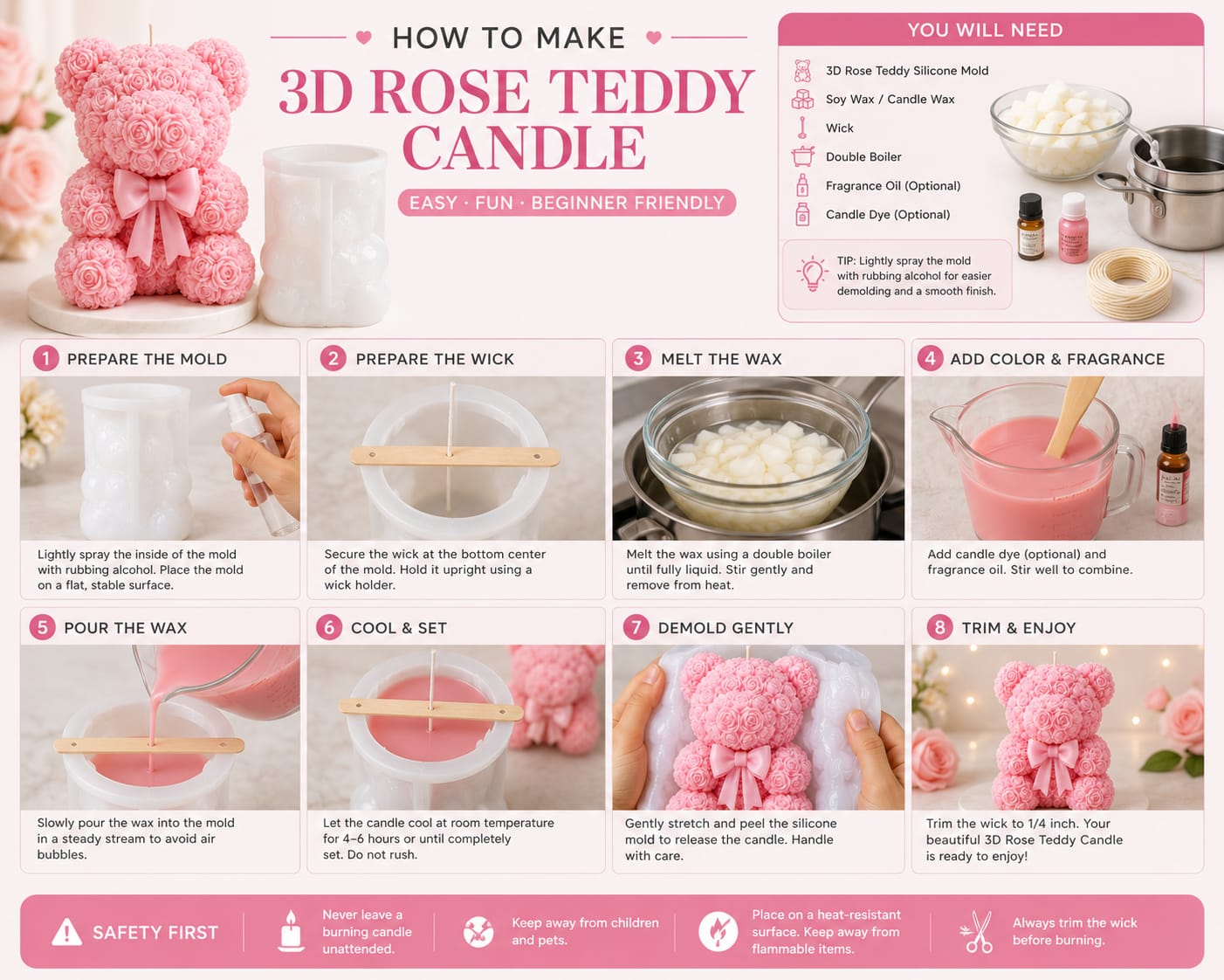 3D Rose Teddy Bear Silicone Candle Mold - Image 4