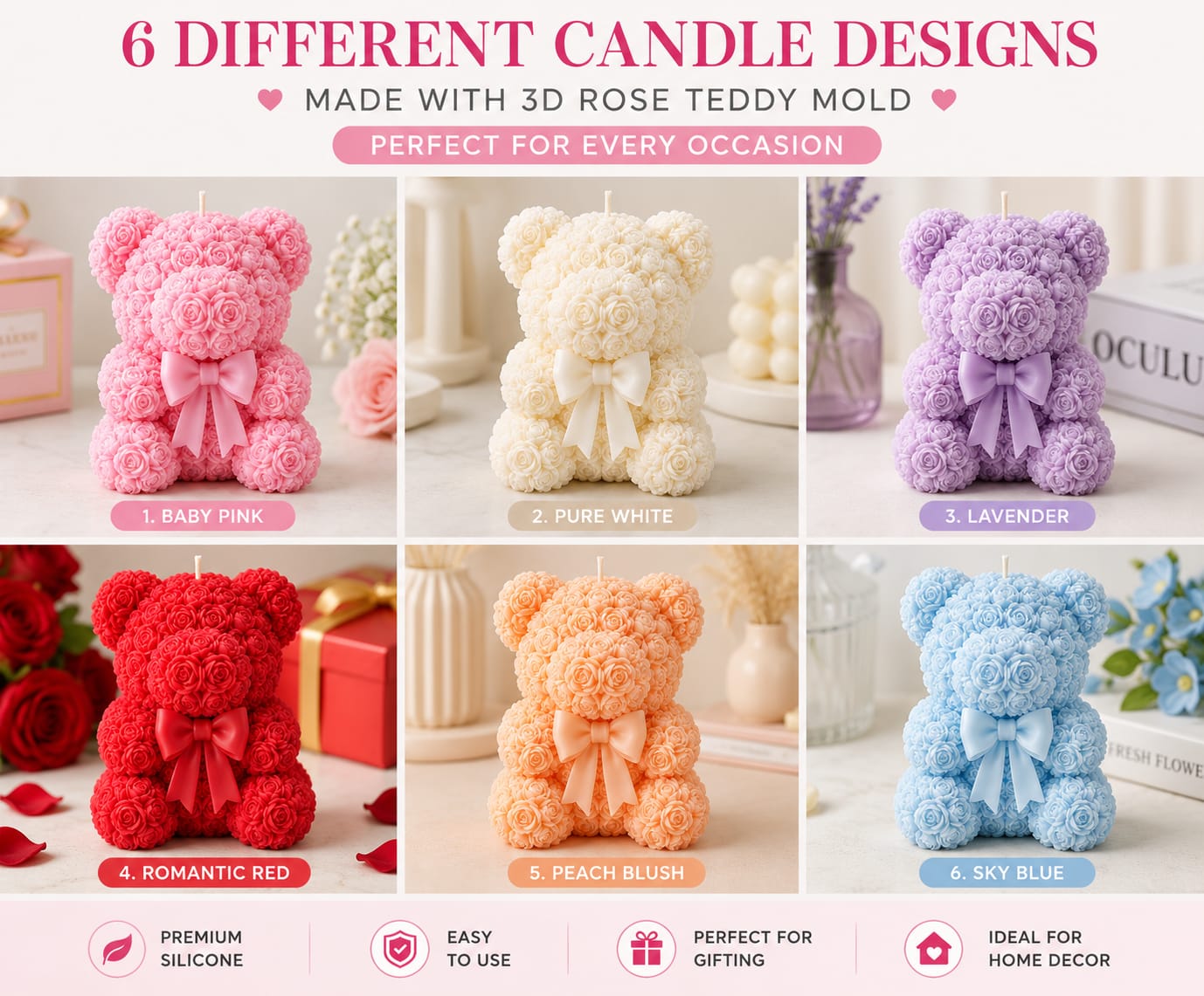 3D Rose Teddy Bear Silicone Candle Mold - Image 2